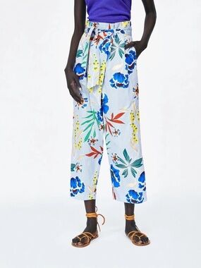 Zara Floral Wide-Leg Tie-Waist Pants in Blue